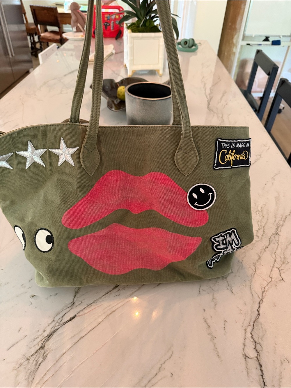 Olive Canvas Tote with Pink Lip Print and Patches Lauren Moshi